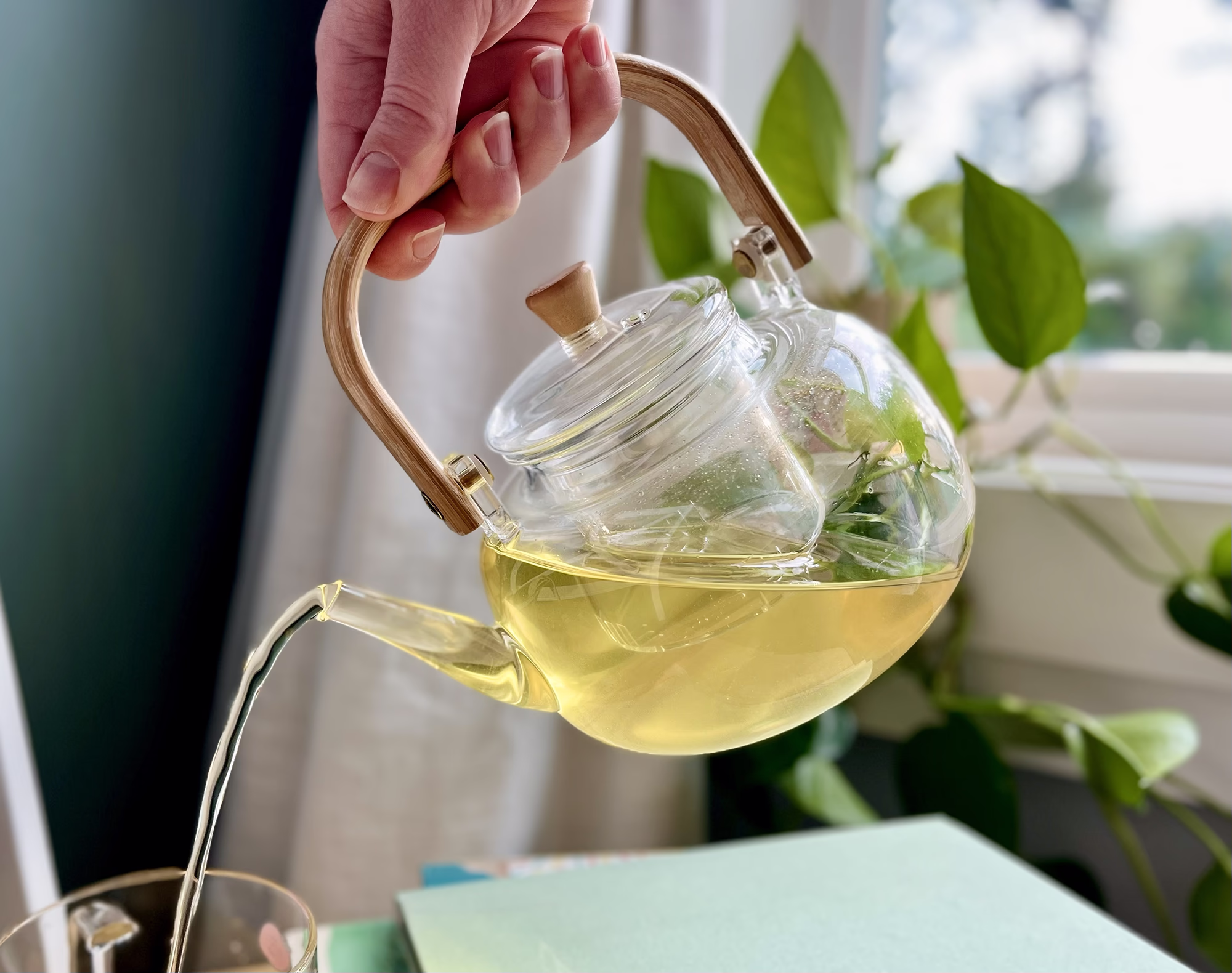 Clear borosilicate glass teapot with bamboo handle and infuser brewing loose leaf tea for sale by Tea'l Cup Studio
