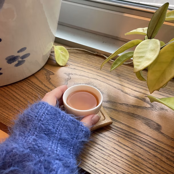 Hand in blue sweater holding small teacup resting on a window sill