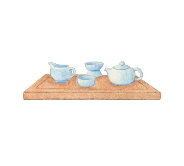 Watercolor blue gong fu tea set on a bamboo tray