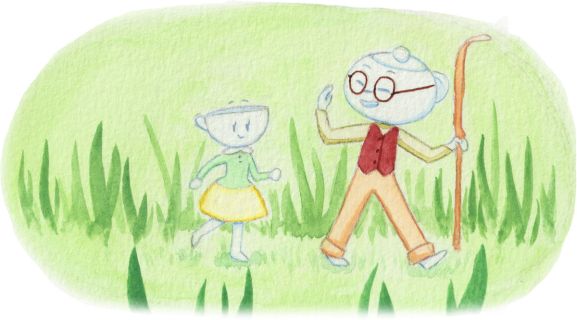 watercolor gouache storybook teapot and teacup character walking through the grass