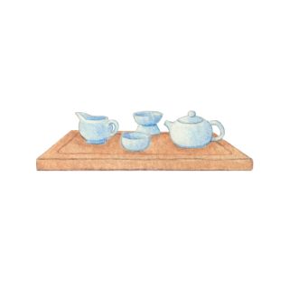 Watercolor blue gong fu tea set on a bamboo tray