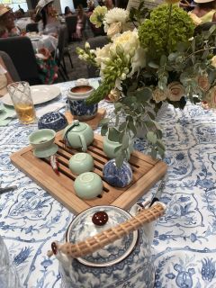 chinoiserie tablecloth and tea set for tea party event