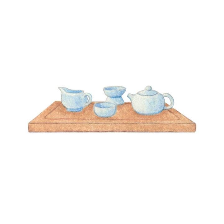 Watercolor blue gong fu tea set on a bamboo tray