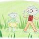 watercolor gouache storybook teapot and teacup character walking through the grass